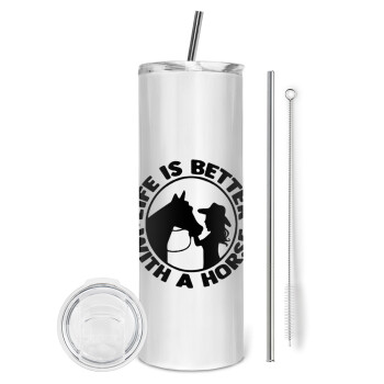 Life is Better with a Horse, Tumbler stainless steel 600ml, with metal straw & cleaning brush