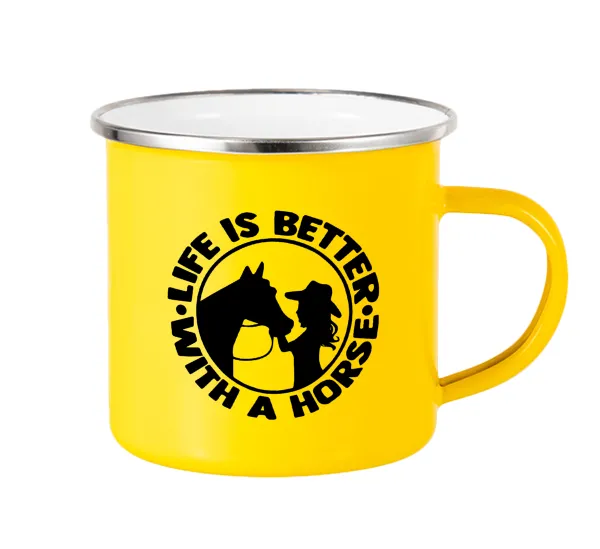 Life is Better with a Horse — Yellow Enamel Metallic Cup 360ml