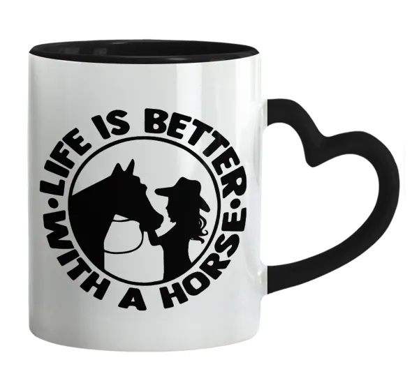 Life is Better with a Horse — Mug heart black handle, ceramic, 330ml