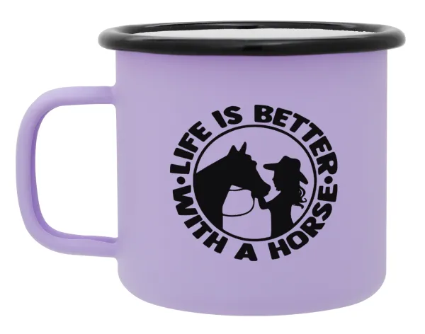 Life is Better with a Horse — Metal enamel mug, matte light pastel purple, 360ml