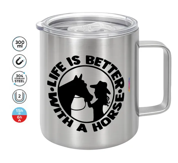 Life is Better with a Horse — Double-walled stainless steel mug 300ml with temperature-retaining lid