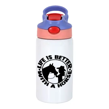 Life is Better with a Horse, Children's hot water bottle, stainless steel, with safety straw, pink/purple (350ml)