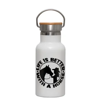 Life is Better with a Horse, Metallic thermos (Stainless steel) White with wooden lid (bamboo), double-walled, 350ml