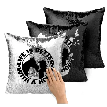 Life is Better with a Horse, Μαξιλάρι καναπέ Μαγικό Μαύρο με πούλιες 40x40cm περιέχεται το γέμισμα