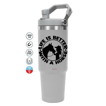 Life is Better with a Horse, GREY color, 890ml (30oz) stainless Steel Tumbler with Handle
