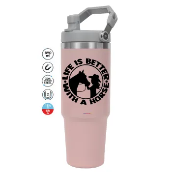 Life is Better with a Horse, Pink color, 890ml (30oz) stainless Steel Tumbler with Handle