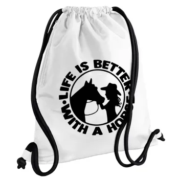 Life is Better with a Horse, Backpack pouch GYMBAG white, with pocket (40x48cm) & thick cords