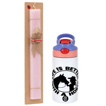 Life is Better with a Horse, Easter Set, Children's thermal stainless steel water bottle with safety straw, pink/purple (350ml) & Easter scented flat candle (30cm) (PINK)