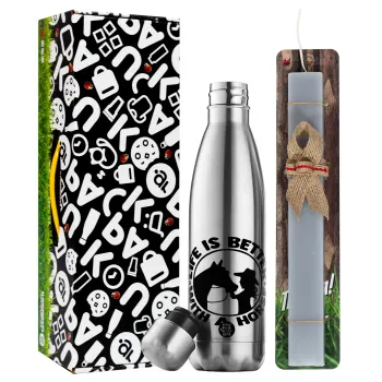 Life is Better with a Horse, Easter Set, metallic stainless thermos flask (500ml) & scented flat Easter candle (30cm) (GRAY)