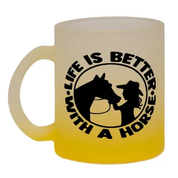 Life is Better with a Horse, Κούπα γυάλινη δίχρωμη με βάση το κίτρινο ματ, 330ml