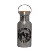 Stainless steel metallic thermos flask, silver with a bamboo lid, double-walled, 350ml.