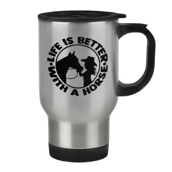 Life is Better with a Horse, Κούπα ταξιδιού ανοξείδωτη με καπάκι, διπλού τοιχώματος (θερμό) 450ml
