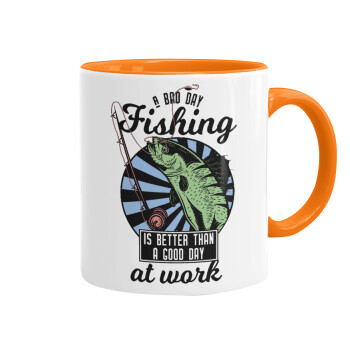 A bad day FISHING is better than a good day at work, Mug colored orange, ceramic, 330ml