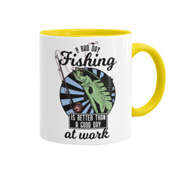 A bad day FISHING is better than a good day at work, Mug colored yellow, ceramic, 330ml