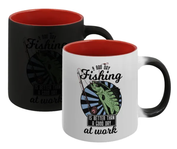 A bad day FISHING is better than a good day at work — Magic mug with red interior, ceramic, 330ml, changes colour with hot drinks