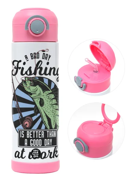 A bad day FISHING is better than a good day at work — Children's hot water bottle, stainless steel, with safety straw, PINK (500ml)