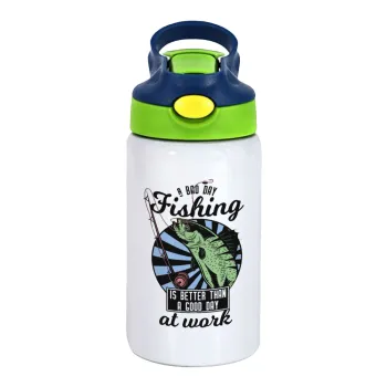 A bad day FISHING is better than a good day at work, Children's hot water bottle, stainless steel, with safety straw, green, blue (350ml)
