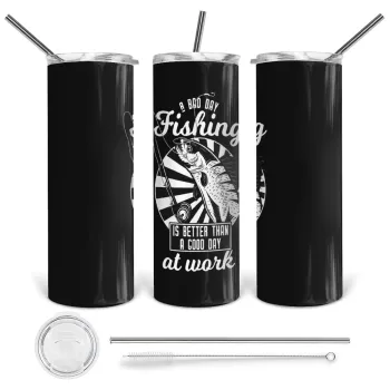 A bad day FISHING is better than a good day at work, Tumbler stainless steel 600ml, with metal straw & cleaning brush