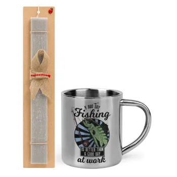 A bad day FISHING is better than a good day at work, Easter Set, metallic thermal cup (300ml) & Easter aromatic flat candle (30cm) (GRAY)
