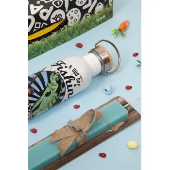 A bad day FISHING is better than a good day at work, Easter Set, SS Metallic water bottle (620ml, stainless steel) & scented flat Easter candle (30cm) (TURQUOISE)