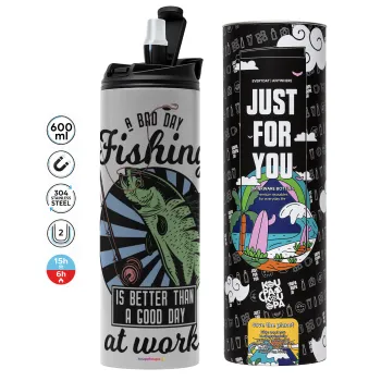 A bad day FISHING is better than a good day at work, Tumbler ποτήρι θερμό ΓΚΡΙ από ανοξείδωτο ατσάλι 600ml