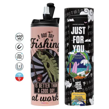 A bad day FISHING is better than a good day at work, Tumbler ποτήρι θερμό ΡΟΖ από ανοξείδωτο ατσάλι 600ml