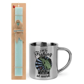 A bad day FISHING is better than a good day at work, Easter Set, metallic thermal cup (300ml) & aromatic flat Easter candle (30cm) (TURQUOISE)