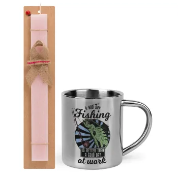A bad day FISHING is better than a good day at work, Easter Set, metallic thermal cup (300ml) & aromatic flat Easter candle (30cm) (PINK)