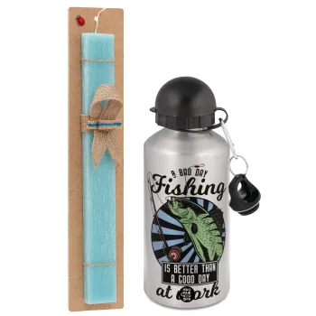 A bad day FISHING is better than a good day at work, Easter Set, metallic silver aluminum water bottle (500ml) & scented flat Easter candle (30cm) (TURQUOISE)