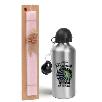 A bad day FISHING is better than a good day at work, Easter Set, metallic Silver aluminum water bottle (500ml) & scented flat Easter candle (30cm) (PINK)