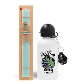 A bad day FISHING is better than a good day at work, Easter Set, metallic aluminum water bottle (500ml) & scented flat candle (30cm) (TURQUOISE)