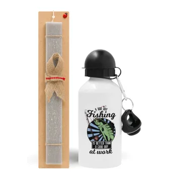 A bad day FISHING is better than a good day at work, Easter Set, metallic aluminum water bottle (500ml) & aromatic flat Easter candle (30cm) (GRAY)