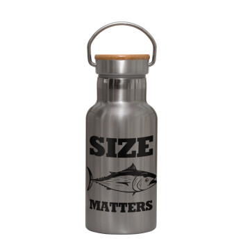 Size matters, Stainless steel metallic thermos flask, silver with a bamboo lid, double-walled, 350ml.