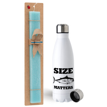 Size matters, Easter Set, metallic stainless steel water bottle (750ml) & aromatic flat Easter candle (30cm) (TURQUOISE)