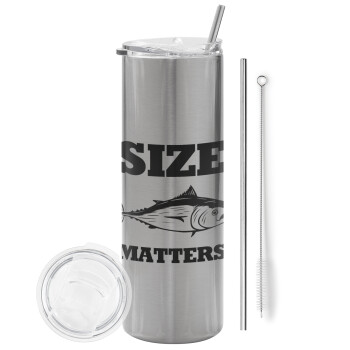 Size matters, Tumbler ποτήρι θερμό Ασημένιο από ανοξείδωτο ατσάλι 600ml, με μεταλλικό καλαμάκι & βούρτσα καθαρισμού
