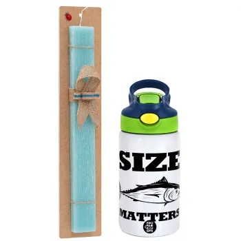 Size matters, Easter Set, Children's thermal stainless steel bottle with safety straw, green/blue (350ml) & aromatic flat Easter candle (30cm) (TURQUOISE)
