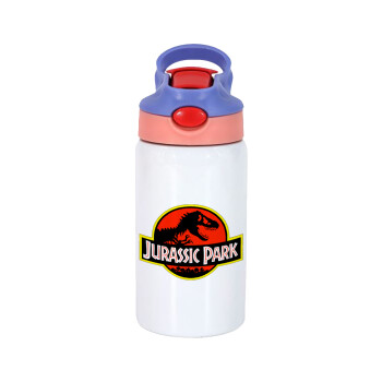 Jurassic park, Children's hot water bottle, stainless steel, with safety straw, pink/purple (350ml)