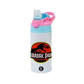 Jurassic park, Children's hot water bottle, stainless steel, with safety straw, Pink/BlueCiel (360ml) BPA FREE