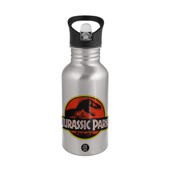 Jurassic park, Παγούρι νερού Ασημένιο με καλαμάκι, ανοξείδωτο ατσάλι 500ml