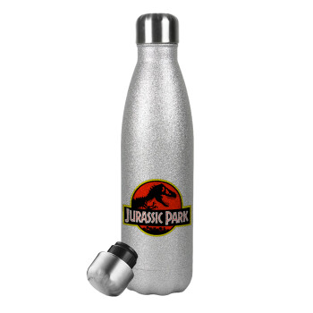 Jurassic park, Μεταλλικό παγούρι θερμός Glitter Aσημένιο (Stainless steel), διπλού τοιχώματος, 500ml