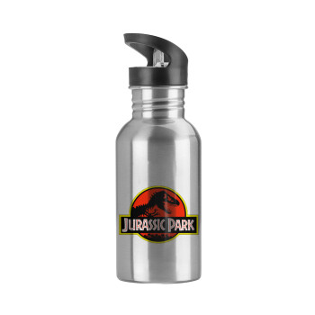 Jurassic park, Water bottle Silver with straw, stainless steel 600ml