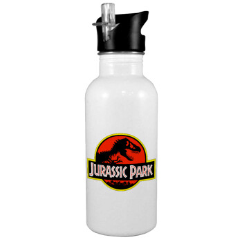 Jurassic park, Παγούρι νερού Λευκό με καλαμάκι, ανοξείδωτο ατσάλι 600ml