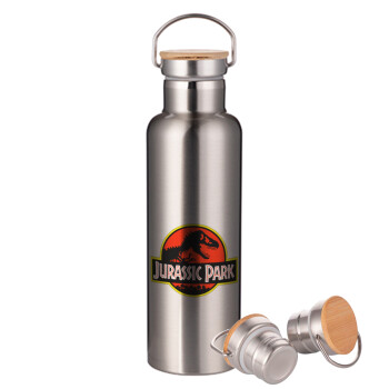 Jurassic park, Stainless steel Silver with wooden lid (bamboo), double wall, 750ml