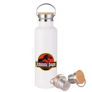Jurassic park, Stainless steel White with wooden lid (bamboo), double wall, 750ml