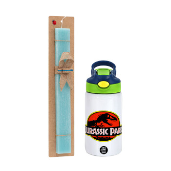 Jurassic park, Easter Set, Children's thermal stainless steel bottle with safety straw, green/blue (350ml) & aromatic flat Easter candle (30cm) (TURQUOISE)