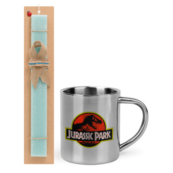 Jurassic park, Πασχαλινό Σετ, μεταλλική κούπα θερμό (300ml) & πασχαλινή λαμπάδα αρωματική πλακέ (30cm) (ΤΙΡΚΟΥΑΖ)