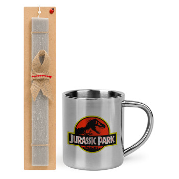 Jurassic park, Πασχαλινό Σετ, μεταλλική κούπα θερμό (300ml) & πασχαλινή λαμπάδα αρωματική πλακέ (30cm) (ΓΚΡΙ)