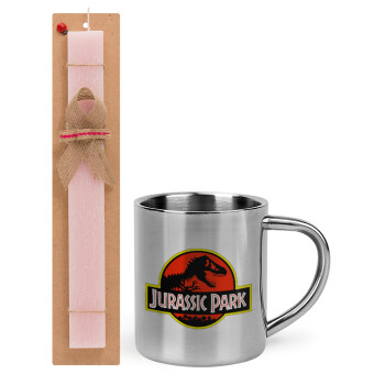 Jurassic park, Πασχαλινό Σετ, μεταλλική κούπα θερμό (300ml) & πασχαλινή λαμπάδα αρωματική πλακέ (30cm) (ΡΟΖ)