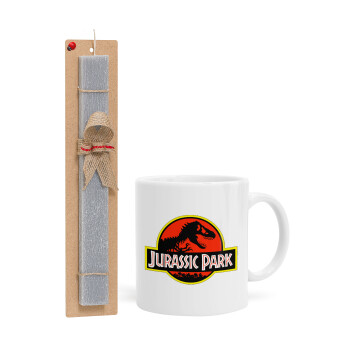 Jurassic park, Πασχαλινό Σετ, Κούπα κεραμική (330ml) & πασχαλινή λαμπάδα αρωματική πλακέ (30cm) (ΓΚΡΙ)