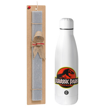 Jurassic park, Πασχαλινό Σετ, μεταλλικό παγούρι Inox (700ml) & πασχαλινή λαμπάδα αρωματική πλακέ (30cm) (ΓΚΡΙ)